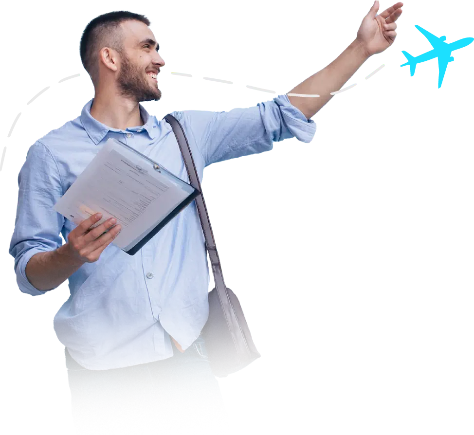 Professional holding documents and pointing towards overseas study and work opportunities